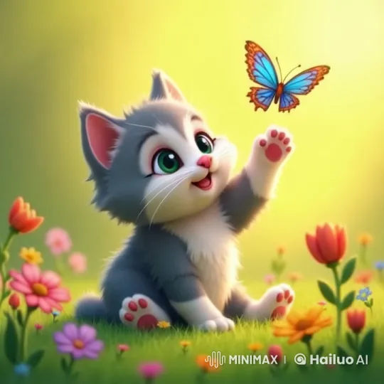 Cute Kitten Plays with Butterfly in Live2D Animated Field – AI Generated Video | Hailuo AI