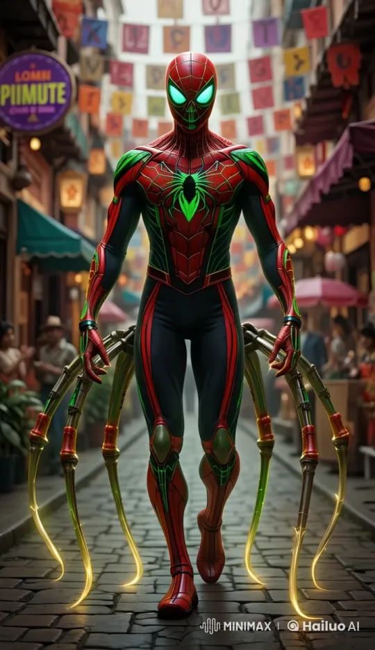 Spider-Man in Futuristic Suit Walks Through Bustling Market – AI Generated Video | Hailuo AI