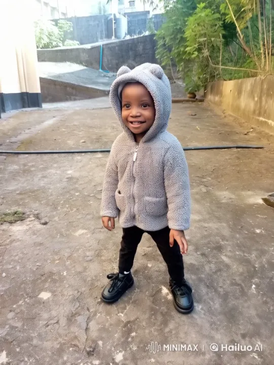 Child in Grey Bear Jacket Sways in Animated Backyard Setting – AI Generated Video | Hailuo AI