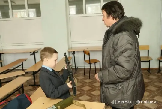 Man and Boy Flee as Furniture Pursues Them in Classroom – AI Generated Video | Hailuo AI