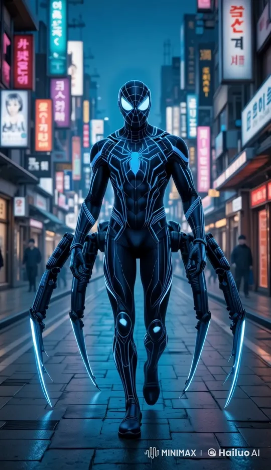 Futuristic Spider-Man in Neon-Lit Cityscape – AI Generated Video | Hailuo AI
