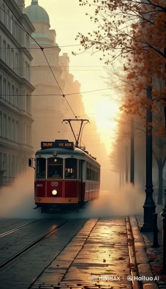 Rising Sun Illuminates Tranquil Urban Morning with Vintage Tram – AI Generated Video | Hailuo AI