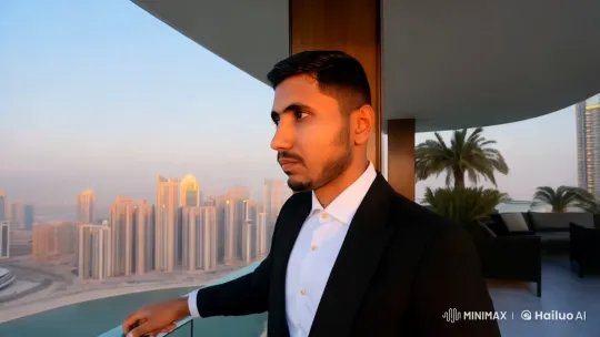 Determined Man Contemplates Future in Dubai Skyline – AI Generated Video | Hailuo AI
