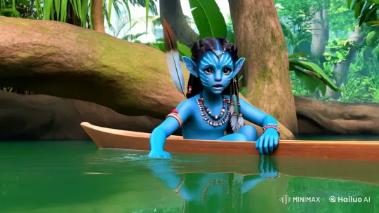 Blue-skinned Girl in Jungle Canoe Confronts Snake – AI Generated Video | Hailuo AI