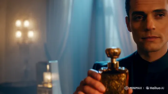Man in Elegant Room Enjoys Perfume in Intimate Atmosphere – AI Generated Video | Hailuo AI