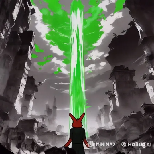 Dystopian Rabbit Witnessing Energy Beam in Ruins – AI Generated Video | Hailuo AI