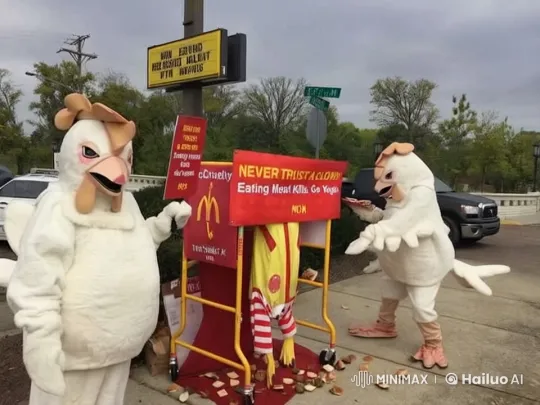 Vegan Activists in Chicken Costumes Protest at Parking Lot – AI Generated Video | Hailuo AI