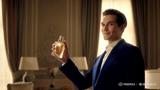 Charming Man in Elegant Room with Perfume Mist – AI Generated Video | Hailuo AI