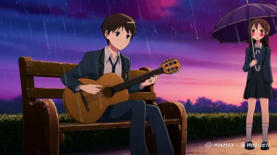 Teenage Boy Serenades Shy Girl at Rainy Bus Stop – AI Generated Video | Hailuo AI