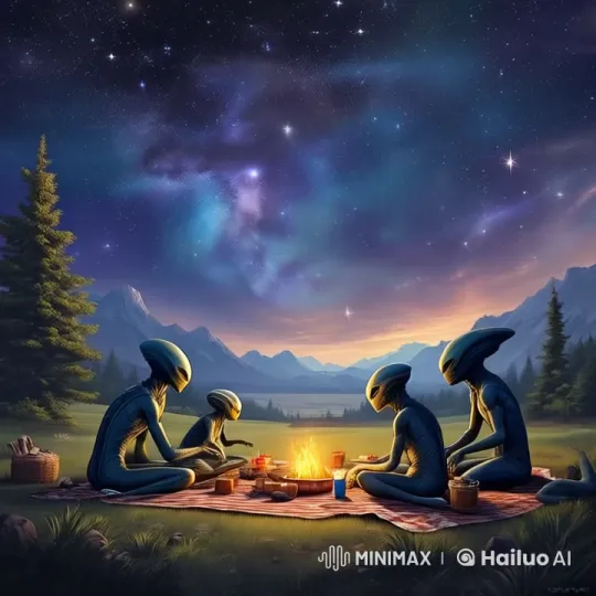 Alien Family Enjoys Harmonious Campfire Guitar Session – AI Generated Video | Hailuo AI