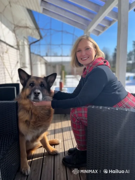 German Shepherd and Woman Greet Viewers in Cozy Patio Scene – AI Generated Video | Hailuo AI