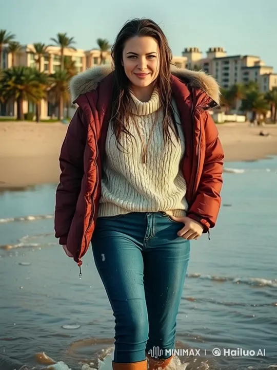 Woman Enjoying Beach in Chunky Sweater and Puffy Jacket – AI Generated Video | Hailuo AI