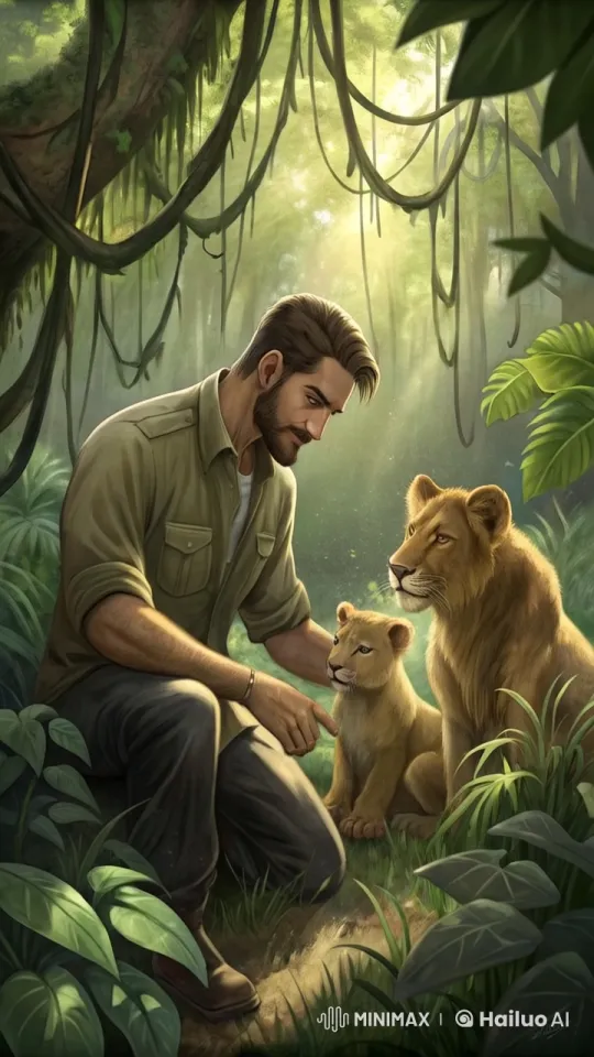 Man Gently Interacts with Lioness and Cub in Serene Forest – AI Generated Video | Hailuo AI