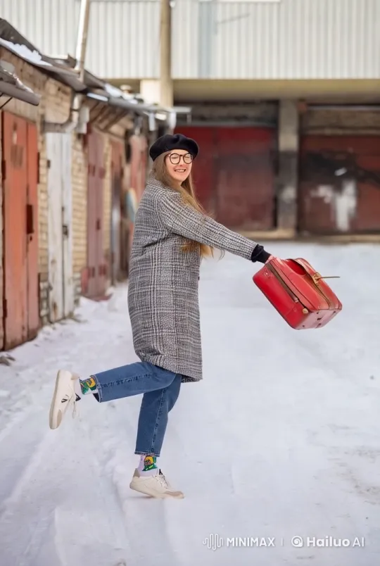 Vibrant Young Woman Dances with Vintage Suitcase in Snow – AI Generated Video | Hailuo AI
