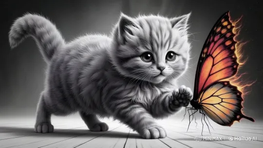 Kitten Chases Butterfly in Serene Garden Animation – AI Generated Video | Hailuo AI