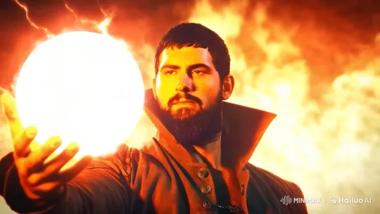 Bearded Man Stands Resolute Amid Fiery Lightning Storm – AI Generated Video | Hailuo AI