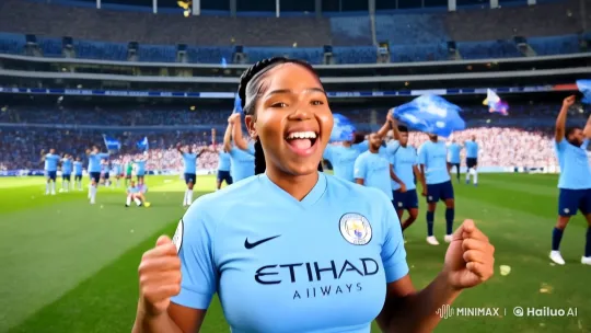 Joyful Manchester City Fan Celebrates at Etihad Stadium – AI Generated Video | Hailuo AI