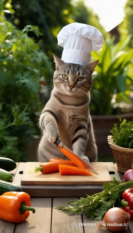 Cat Chef Prepares Vegetables in Lush Garden Kitchen – AI Generated Video | Hailuo AI