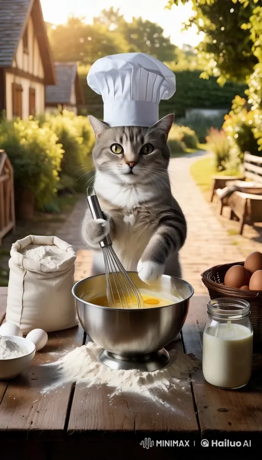 Cat Chef Whisking Batter in Rustic Setting – AI Generated Video | Hailuo AI