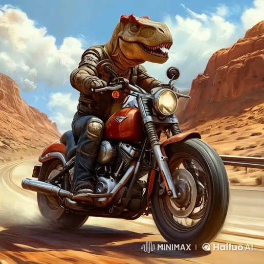 Dinosaur-Biker Navigates Explosive Desert Chase – AI Generated Video | Hailuo AI