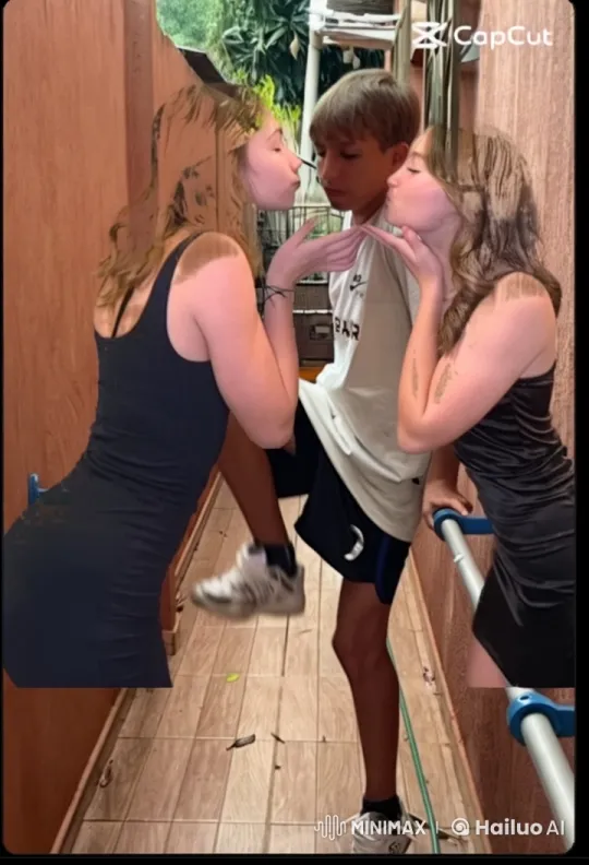 Live2D Animated Scene: Girls Kiss Man in Outdoor Corridor – AI Generated Video | Hailuo AI