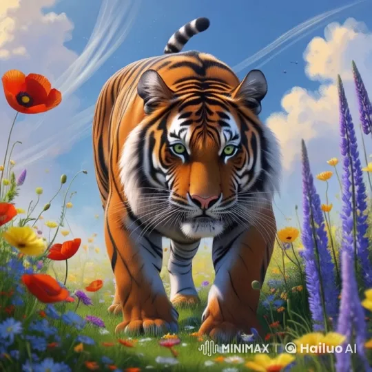 Majestic Tiger Prowls Through Colorful Wildflower Field – AI Generated Video | Hailuo AI
