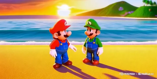Mario and Luigi Enjoy a Serene Sunset Walk on a Tropical Beach – AI Generated Video | Hailuo AI