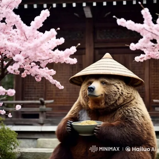 Bear Enjoying Udon Under Cherry Blossoms – AI Generated Video | Hailuo AI