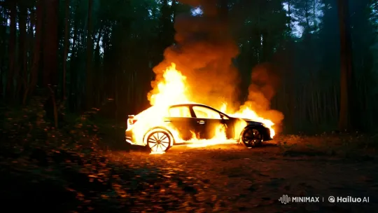 Forest Fire Engulfs Burning Car Amidst Twilight Chaos – AI Generated Video | Hailuo AI