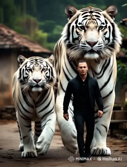 Man Walks with Majestic White Tigers in Serene Village Setting – AI Generated Video | Hailuo AI