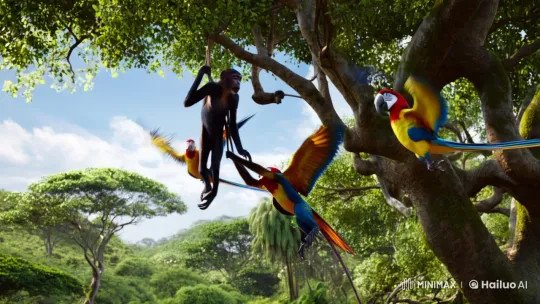Jungle Life: Monkeys, Parrots, and a Majestic Lion – AI Generated Video | Hailuo AI