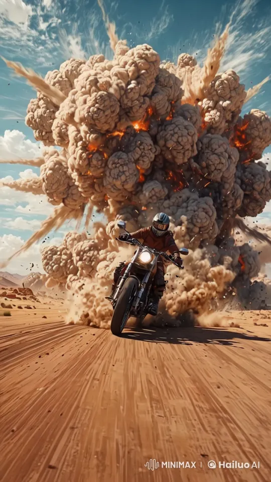 Intense Bike Chase Through Exploding Desert in Live2D – AI Generated Video | Hailuo AI