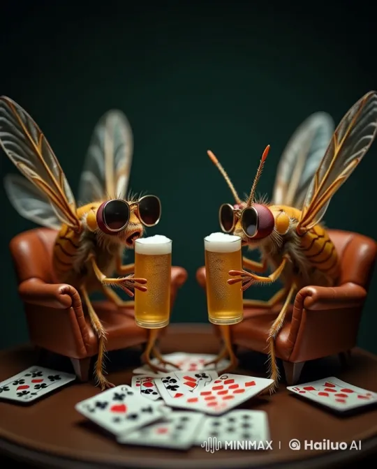 Anthropomorphic Flies Celebrate with Beer in Cozy Setting – AI Generated Video | Hailuo AI