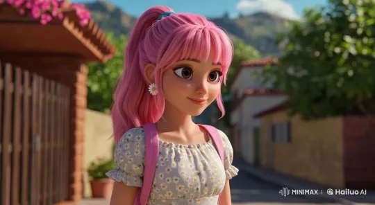 Vibrant Girl Waves Cheerfully in 3D Animated Alley Scene – AI Generated Video | Hailuo AI