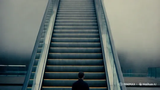 Solitary Man on Infinite Escalator in Surreal Ambience – AI Generated Video | Hailuo AI