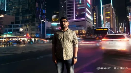 Man Stands Still in Blurry Cityscape: 4K Cinematic Time-lapse – AI Generated Video | Hailuo AI