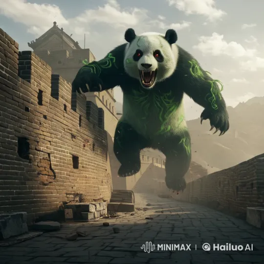 Venom-Inspired Panda Patrols Misty Great Wall – AI Generated Video | Hailuo AI