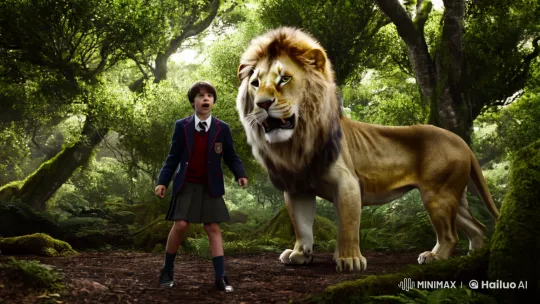 Boy Faces Lion in Dramatic Forest Encounter – AI Generated Video | Hailuo AI