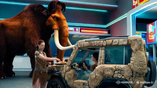 Futuristic Fast-Food Scene with Majestic Mammoth – AI Generated Video | Hailuo AI