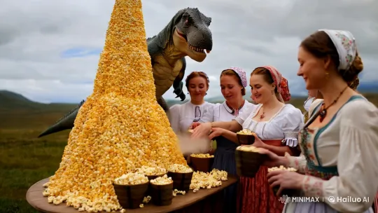 Prehistoric Dinosaur Vends Popcorn to Women in Traditional Attire – AI Generated Video | Hailuo AI