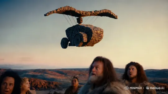 Primitive Age Scene: Stone Air Bike Soars with Awe-Inspiring Grace – AI Generated Video | Hailuo AI