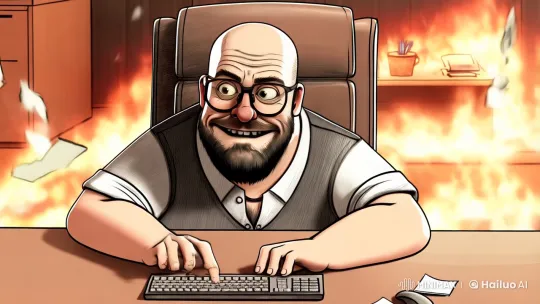 Man Calmly Types Amidst Office Fire in Surreal Sketch – AI Generated Video | Hailuo AI