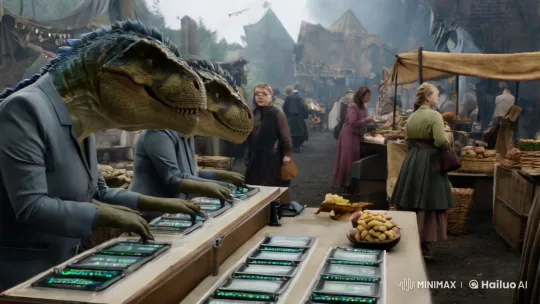 Dinosaur Clerks in Primitive Marketplace with Futuristic Tech – AI Generated Video | Hailuo AI