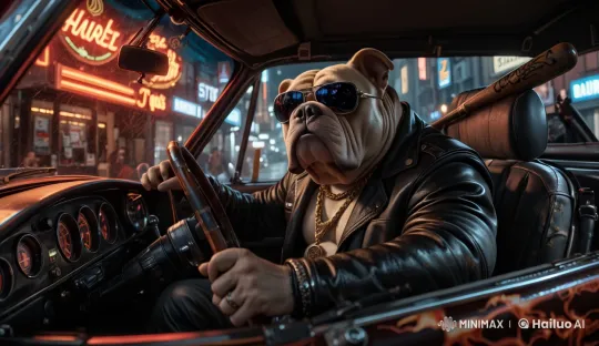 Neon-Lit City: Bulldog in Aviators Drives Vintage Car – AI Generated Video | Hailuo AI