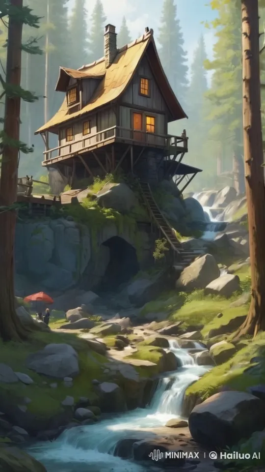 Tranquil Woodland Haven with Wooden House and Gentle Stream – AI Generated Video | Hailuo AI