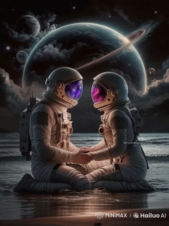 Astronauts Hold Hands in Cosmic Romance Scene – AI Generated Video | Hailuo AI