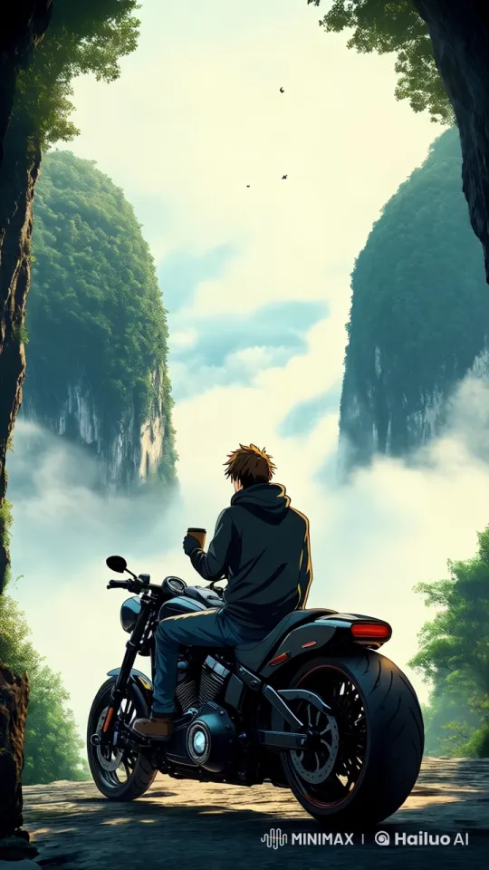 Young Man Enjoying Coffee on Motorcycle Amidst Dynamic Nature – AI Generated Video | Hailuo AI