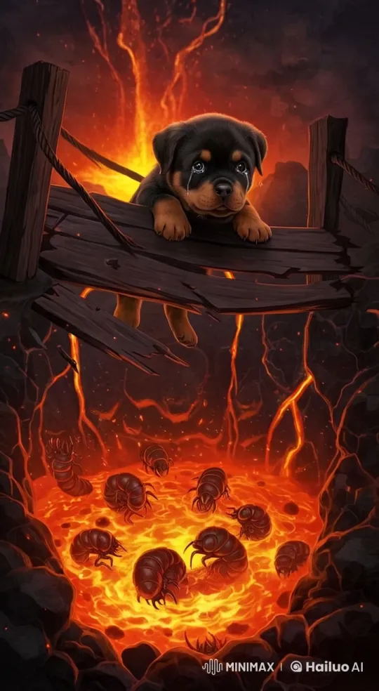 Adorable Puppy Clings to Broken Bridge Over Lava Pit – AI Generated Video | Hailuo AI