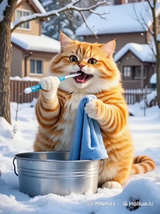 Fluffy Cat Enthusiastically Brushes Teeth in Winter Wonderland – AI Generated Video | Hailuo AI