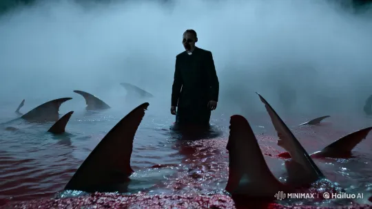 Priest Zombie in Bloodstained Waters Amidst Shark Fins – AI Generated Video | Hailuo AI